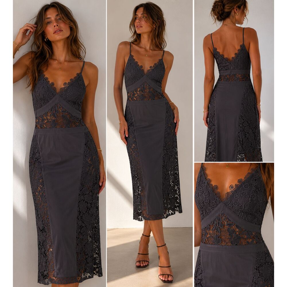 SAINT‎ ART Floral Lace Detail Midi Dress Black Medium